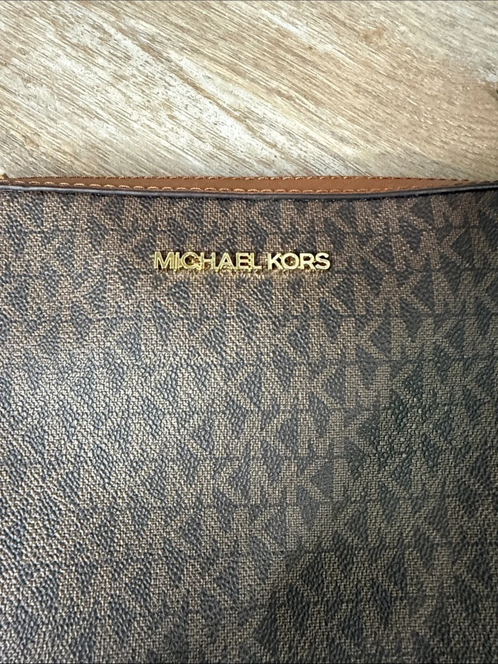 Michael Kors Brown MK Signature Messenger Crossbody with Gold Hardware